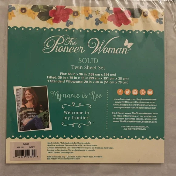 NEW PIONEER WOMAN 100% COTTON GRAY TWIN SHEET SET SHEETS WITH RUFFLE - Picture 2 of 2